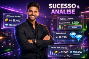Comparação entre agência Chamet e ganhos de hostess em ambiente futurista, mostrando dashboards e ganhos, ideal para análise de escalabilidade e renda passiva. Explicação detalhada sobre como criar e expandir uma chamet agency.