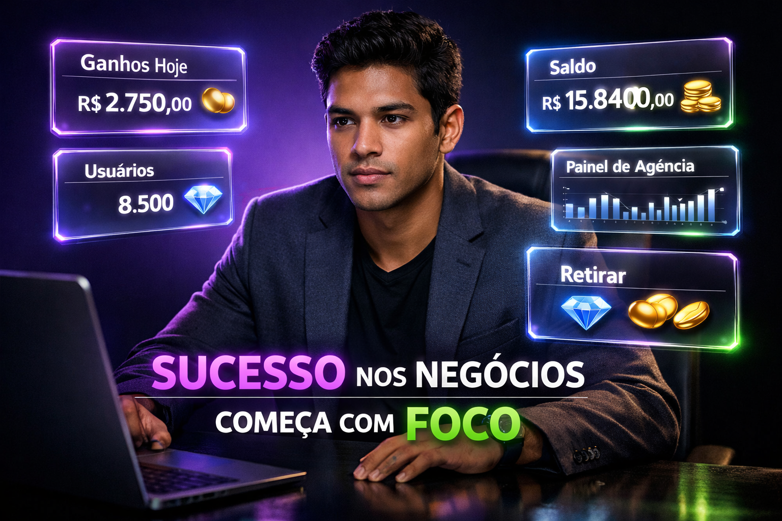 Imagem ultra-realista de um jovem empreendedor brasileiro usando um workspace tecnológico escuro com hologramas, ilustrando um guia oficial sobre como se tornar um agente Chamet; identidade visual premium com elementos de interface, para destacar o artigo exclusivo da chamet agency.