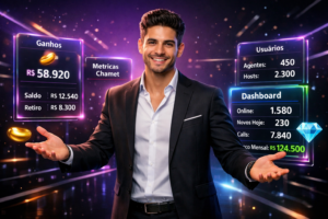 Guia visual de como convidar subagentes, otimizar comissão diferencial e escalar sua chamet agency em um ambiente premium futurista brasileiro.