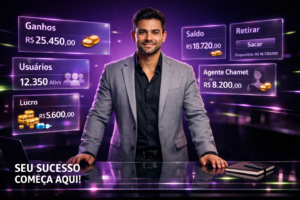 Imagem profissional e moderna de um empreendedor brasileiro mostrando dashboards e ícones holográficos, ilustrando post sobre chamet agency em português com foco em ganhos e estrutura da plataforma.