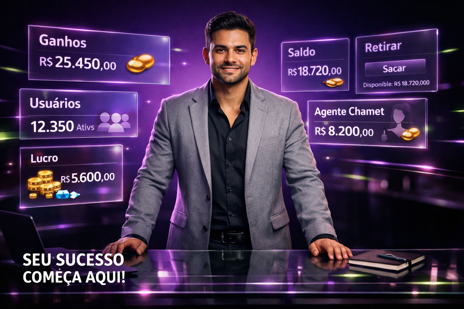 Imagem profissional e moderna de um empreendedor brasileiro mostrando dashboards e ícones holográficos, ilustrando post sobre chamet agency em português com foco em ganhos e estrutura da plataforma.