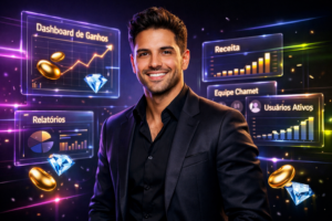 Imagem premium mostrando um empreendedor brasileiro na frente de painéis holográficos e dashboards, representando a estratégia de crescimento e escalabilidade da chamet agency.