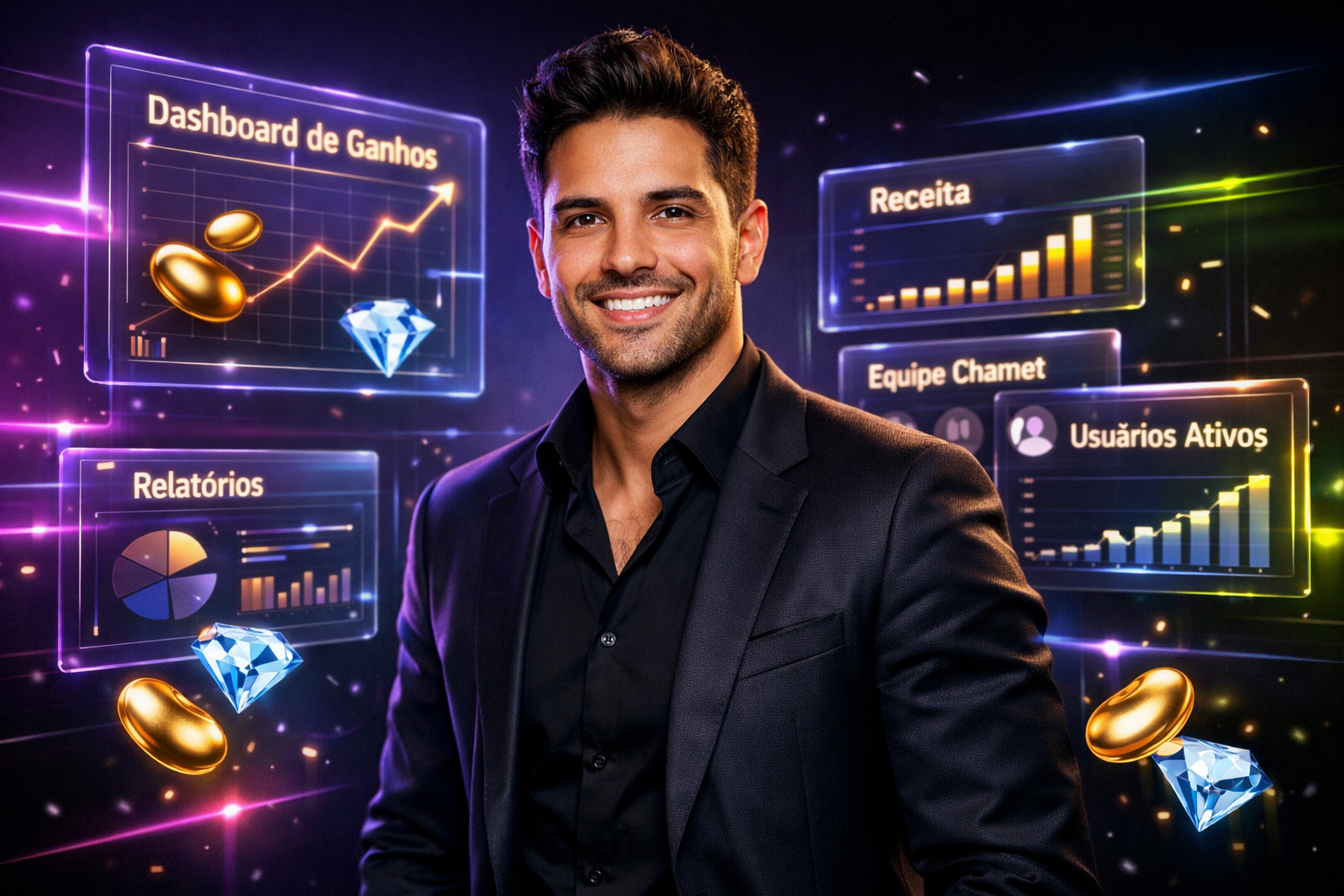 Imagem premium mostrando um empreendedor brasileiro na frente de painéis holográficos e dashboards, representando a estratégia de crescimento e escalabilidade da chamet agency.