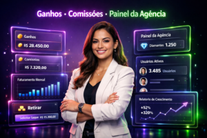 Imagem ultra-realista mostrando um jovem empreendedor brasileiro em um workspace futurista, com hologramas de dashboards e ganhos exibindo dados de comissão e painéis de agência chamet.
