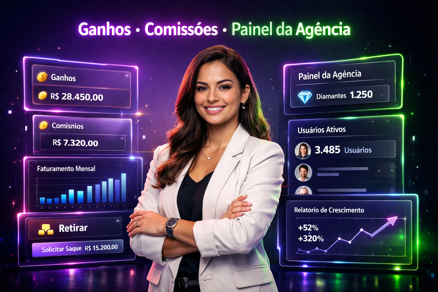 Imagem ultra-realista mostrando um jovem empreendedor brasileiro em um workspace futurista, com hologramas de dashboards e ganhos exibindo dados de comissão e painéis de agência chamet.