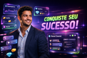 Imagem premium mostrando jovem brasileiro liderando equipe tecnológica com painéis virtuais e tema escuro, artigo de chamet agency sobre como gerenciar equipe