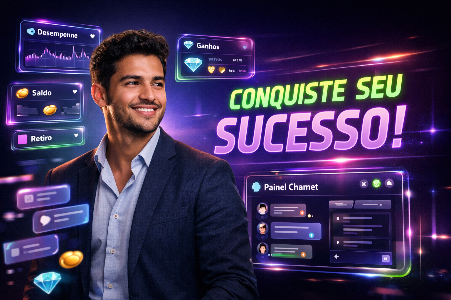 Imagem premium mostrando jovem brasileiro liderando equipe tecnológica com painéis virtuais e tema escuro, artigo de chamet agency sobre como gerenciar equipe