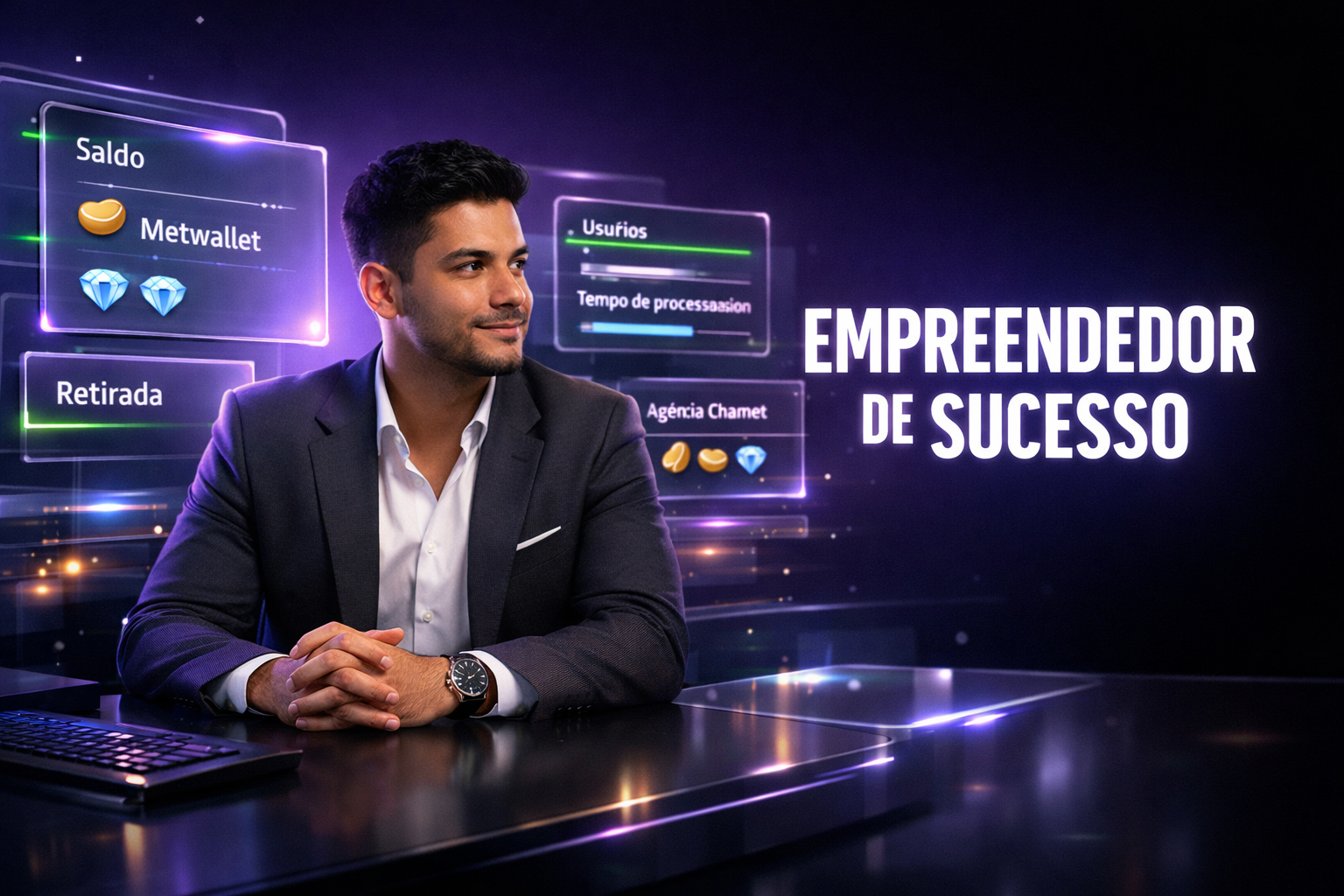 Imagem representando um guia detalhado sobre pagamentos, Metwallet e saques para agência chamet, com destaque para uma jovem empreendedora brasileira moderna em ambiente tecnológico.