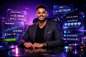 Imagem profissional de empreendedor brasileiro usando painéis holográficos com dashboards Chamet para artigo sobre guia de upgrade de nível da chamet agency em 30 dias.