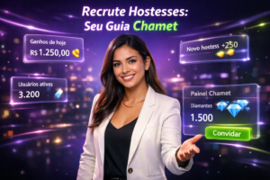 Imagem premium mostrando uma jovem empreendedora brasileira em ambiente tech futurista, ilustrando guia de como recrutar hostesses para chamet agency com dashboards, ícones de beans e diamantes.