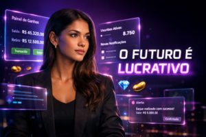 Imagem de um empreendedor brasileiro em ambiente futurista com painéis holográficos e dashboards em português, ilustrando um guia profissional para requisitos de agente chamet agency.