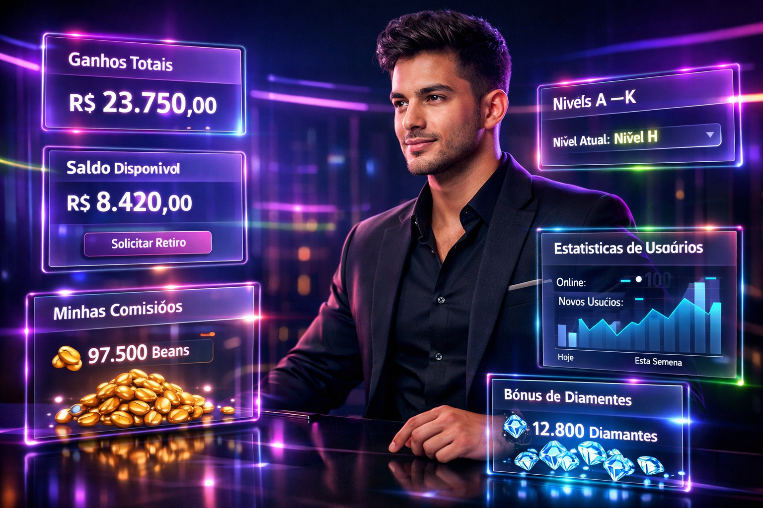 Imagem conceito sobre sistema de comissão da chamet agency, mostrando painel futurista com níveis e ganhos em destaque.