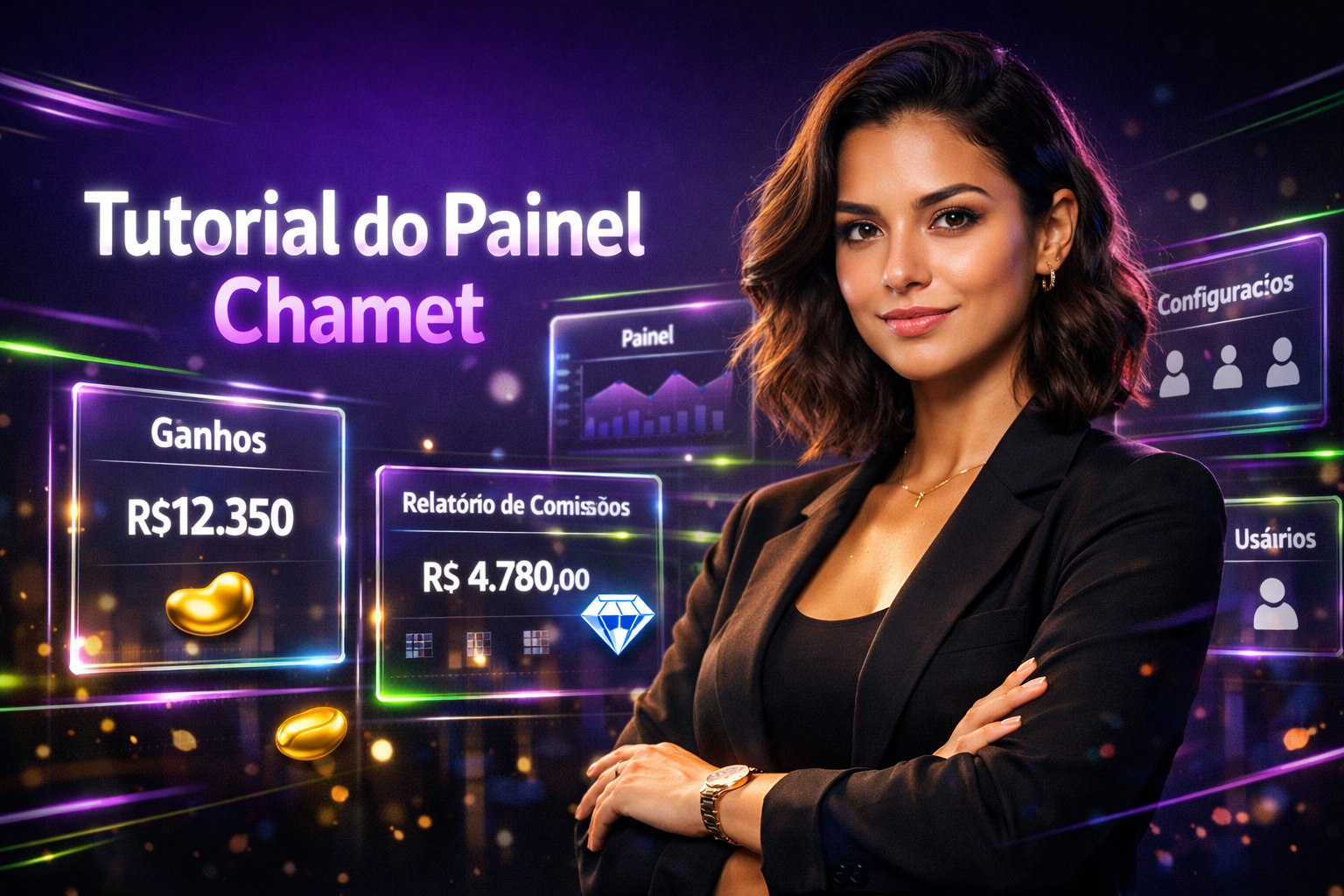 Imagem de uma jovem empresária brasileira confiante diante de painéis futuristas mostrando navegação no painel e ganhos da Chamet agency, ilustrando tutorial completo em português.