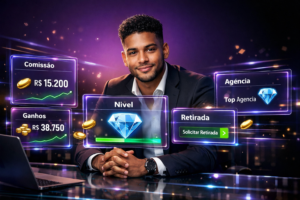 Imagem profissional mostrando jovem empreendedor brasileiro em ambiente futurista, calculando comissão com dashboards e elementos da agência chamet.