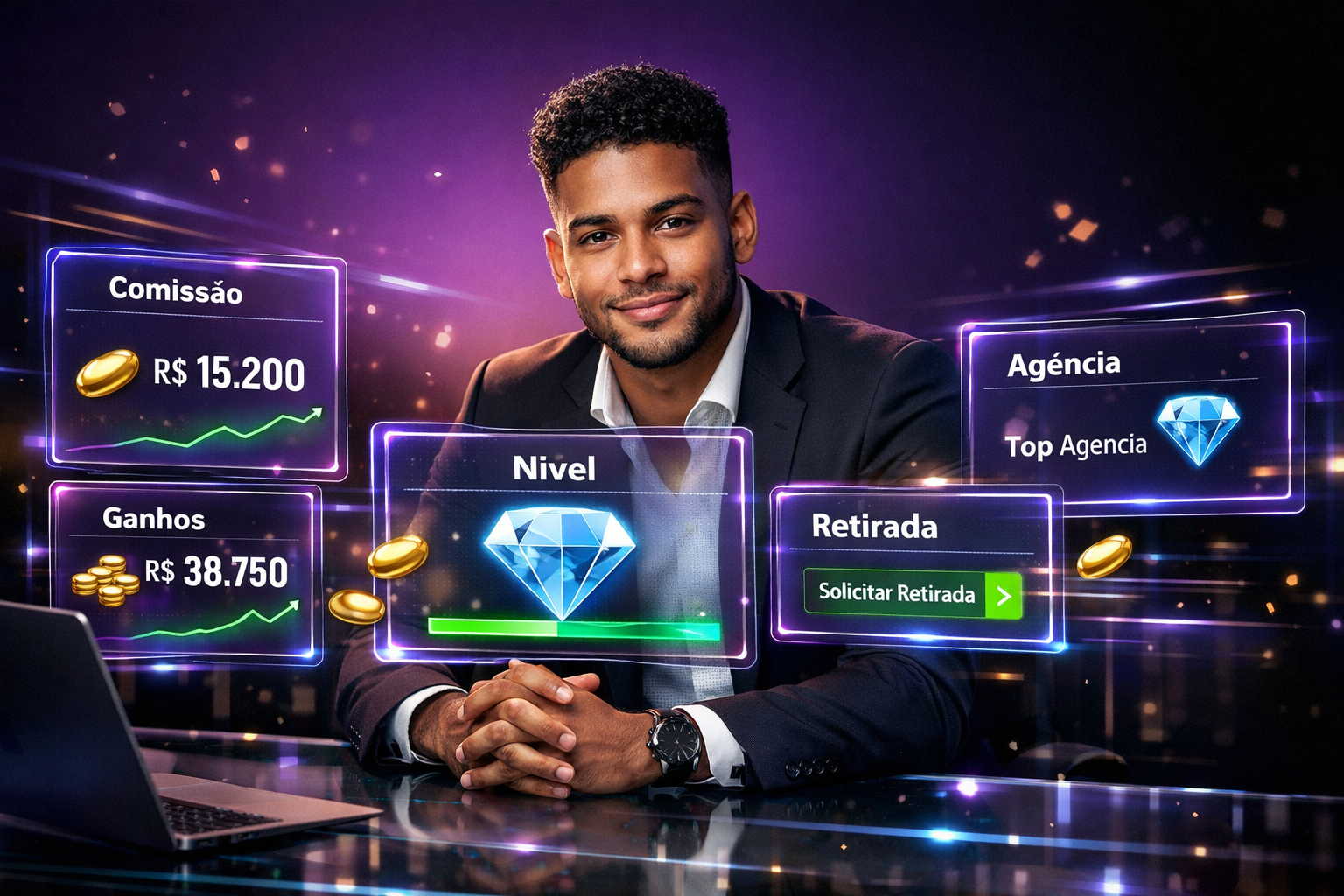 Imagem profissional mostrando jovem empreendedor brasileiro em ambiente futurista, calculando comissão com dashboards e elementos da agência chamet.
