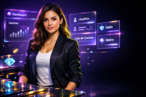 Imagem profissional de uma empreendedora brasileira analisando dashboards futuristas para gerar link de convite chamet, destacando estratégias para expandir chamet agency.