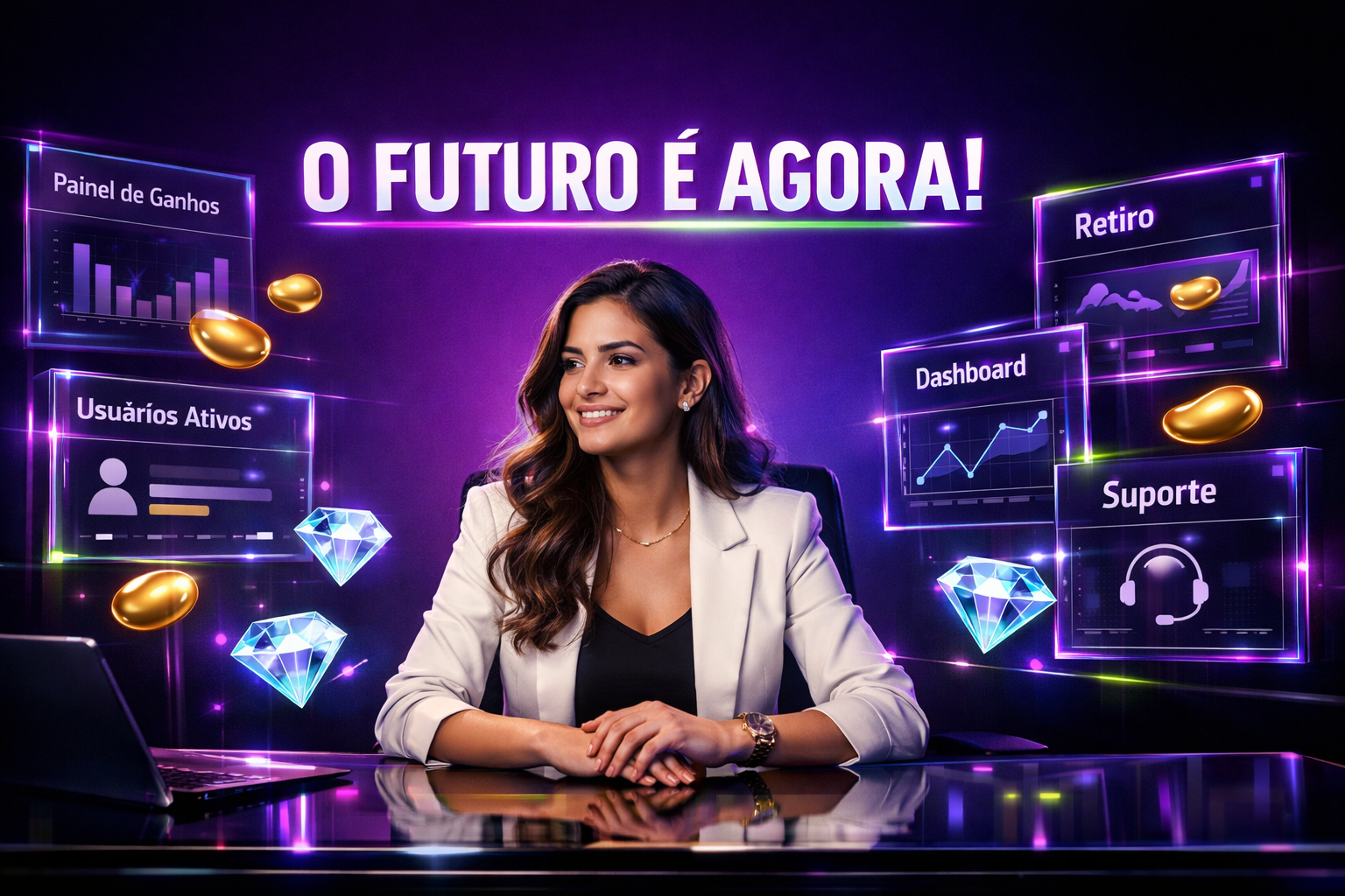 Imagem realista de empreendedora brasileira em ambiente escuro e futurista de agência Chamet, com painéis virtuais de análises, beans dourados, diamantes azuis e texto sobre dicas de engajamento para reter hostesses na chamet agency.