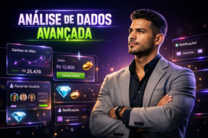 Empreendedor brasileiro no ambiente futurista revisa dashboards para evitar erros comuns na chamet agency conforme guia de conformidade.