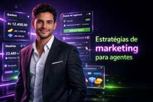Imagem ultra-realista de um jovem empreendedor brasileiro focado, em ambiente futurista com painéis e interfaces digitais em português destacando estratégias de marketing para agentes em uma chamet agency.