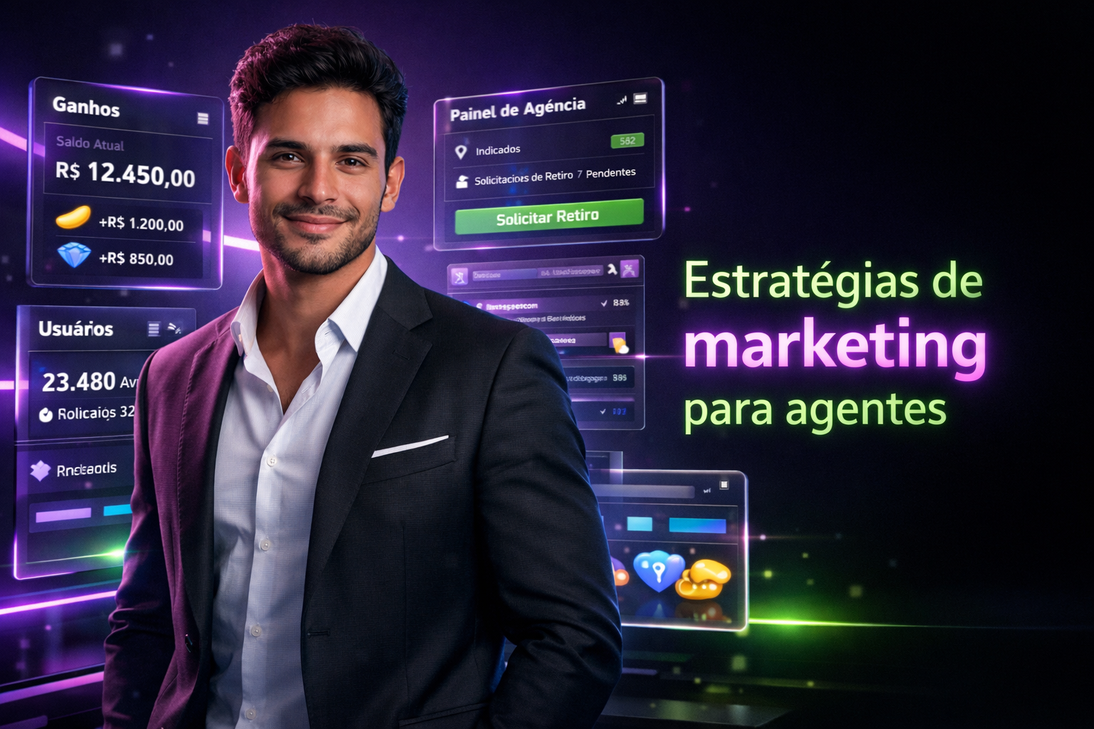 Imagem ultra-realista de um jovem empreendedor brasileiro focado, em ambiente futurista com painéis e interfaces digitais em português destacando estratégias de marketing para agentes em uma chamet agency.