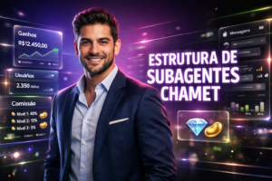 Imagem ilustrativa de um empreendedor brasileiro em escritório futurista com painéis holográficos mostrando dashboards, estruturas de comissão e painéis de usuários em português para explicar a estrutura de subagentes chamet agency.