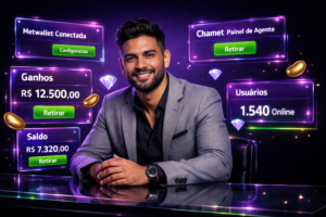 Imagem profissional mostrando empreendedor brasileiro com painéis de UI futuristas e elementos de Chamet agency, relacionada ao guia de configuração de conta agente Chamet, Metwallet e painel.