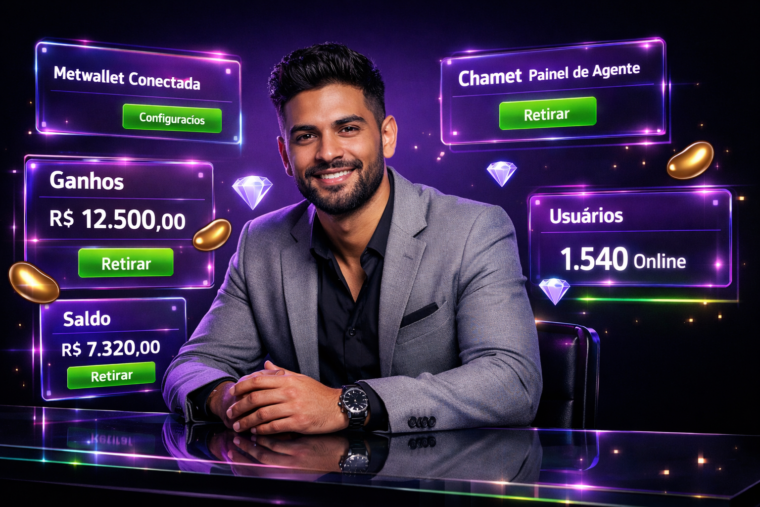 Imagem profissional mostrando empreendedor brasileiro com painéis de UI futuristas e elementos de Chamet agency, relacionada ao guia de configuração de conta agente Chamet, Metwallet e painel.