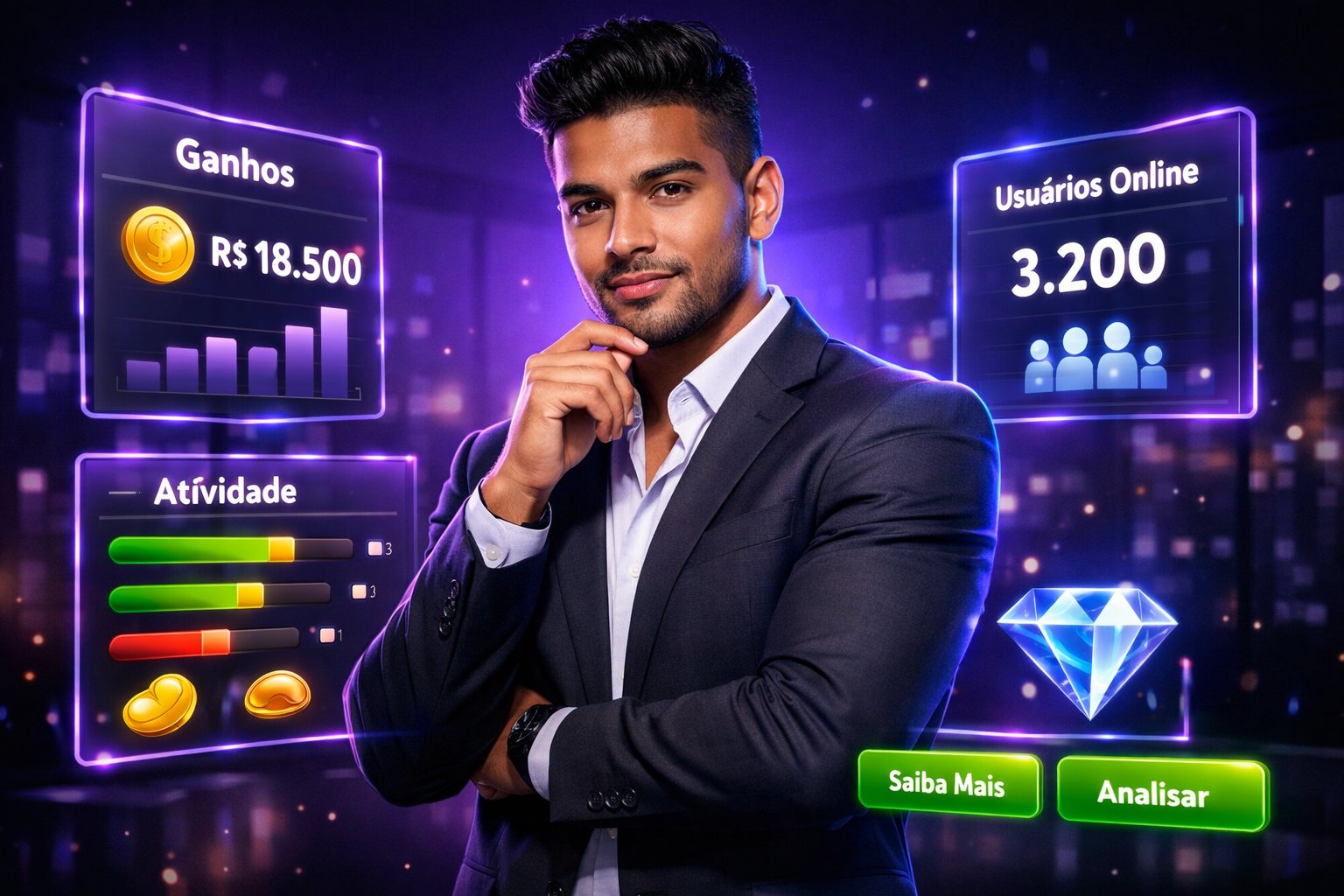 Imagem ultra-realista de gestor brasileiro analisando dashboards de métricas no estilo futurista para post sobre métricas de desempenho agência chamet, com visual técnico e elementos de UI chamet agency.