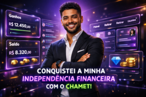 Imagem profissional mostrando jovem empreendedor brasileiro em ambiente digital moderno com painéis holográficos e dashboards de agência chamet agency destacando ganhos e alcance global.