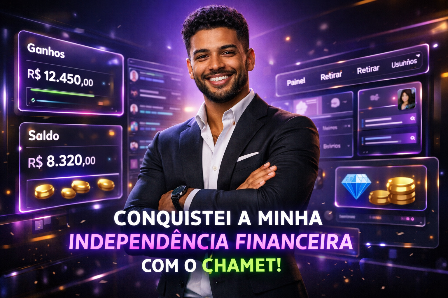 Imagem profissional mostrando jovem empreendedor brasileiro em ambiente digital moderno com painéis holográficos e dashboards de agência chamet agency destacando ganhos e alcance global.