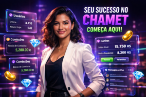 Imagem profissional de jovem empreendedora brasileira em ambiente futurista com dashboards de ganhos, mostrando dicas para otimizar ganhos Chamet Agency.