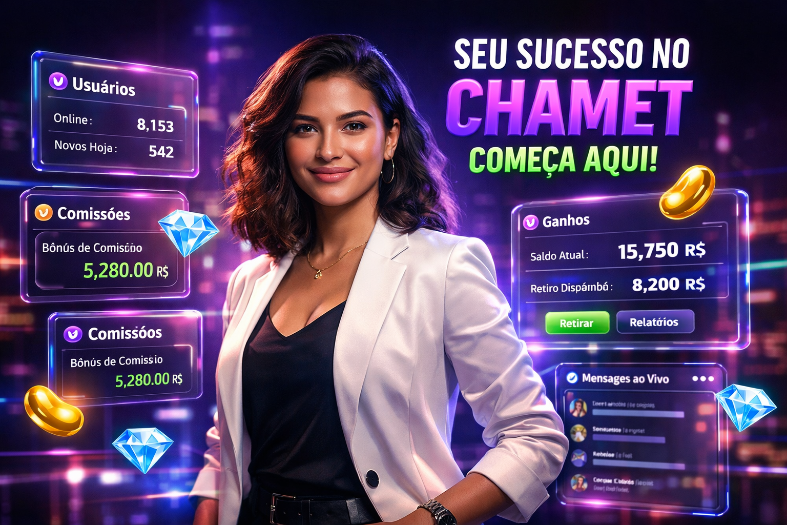 Imagem profissional de jovem empreendedora brasileira em ambiente futurista com dashboards de ganhos, mostrando dicas para otimizar ganhos Chamet Agency.