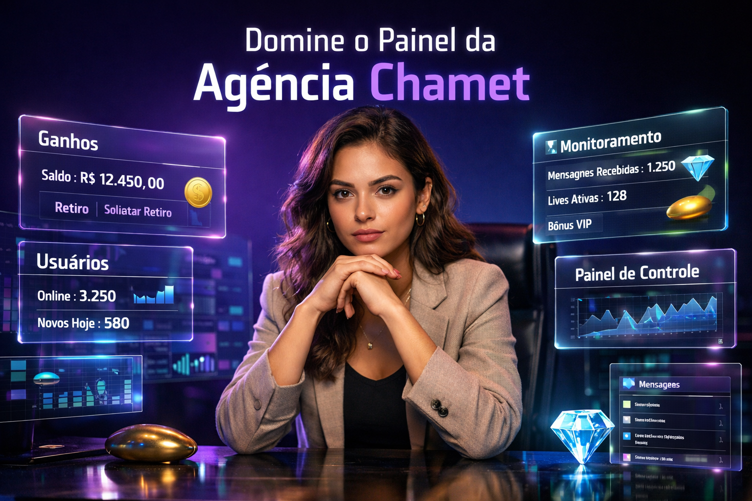 Retrato profissional ultra-realista de uma jovem empresária brasileira em um workspace futurista, com paineis holográficos mostrando tarefas e analytics da rotina diária do agente Chamet. Painéis exibem termos como Ganhos, Usuários e Monitoramento em português, com destaque tecnológico e elementos de agência chamet.
