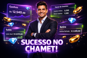 Imagem ilustrando agência chamet, com jovem empreendedor brasileiro em ambiente futurista, mostrando dashboards sobre responsabilidade de agente vs subagente chamet.