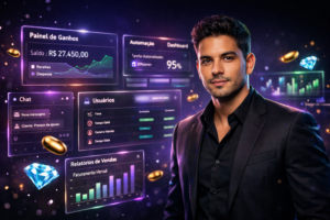 Imagem ultra-realista mostrando um jovem empreendedor brasileiro em um escritório futurista, com painéis de automação, CRM e otimização para chamet agency, representando tecnologia e estratégias profissionais.