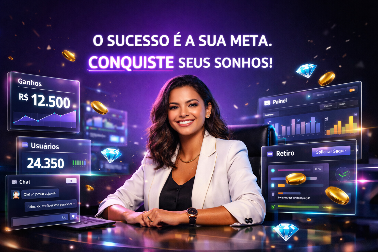 Imagem premium mostrando jovem empresária brasileira usando interfaces tecnológicas com paineis sobre ganhos na chamet agency, feita para tutorial iniciante.