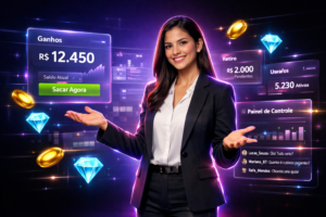 Imagem ultra-realista de uma empreendedora brasileira em ambiente tecnológico premium com painéis holográficos, destacando chamet agency, expansão global e gestão internacional.