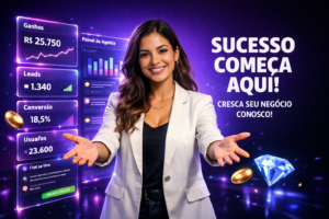 Imagem ultra-realista apresentando uma empreendedora brasileira em ambiente tech premium, foco em funil de recrutamento Chamet e geração de leads. Hologramas e dashboards exibem dados em português, com destaque para estratégias de conversão na chamet agency.