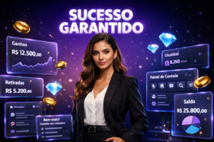 Imagem ultra-realista de uma jovem empresária brasileira em ambiente tecnológico moderno, cercada por hologramas de treinamento e dashboards em português, representando onboarding profissional para hostesses e crescimento de chamet agency.