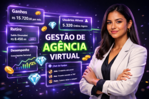 Imagem ultra-realista de jovem empreendedora brasileira em escritório tecnológico escuro com painéis holográficos em português de gestão da chamet agency, destacando dashboards de ganhos, usuários e comunicação, com visual futurista e elementos brilhantes.