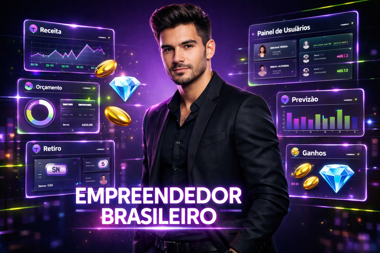 Imagem profissional de agência Chamet mostrando empreendedor brasileiro com painéis de finanças e previsão de receitas, ideal para post sobre planejamento financeiro e expansão de chamet agency.