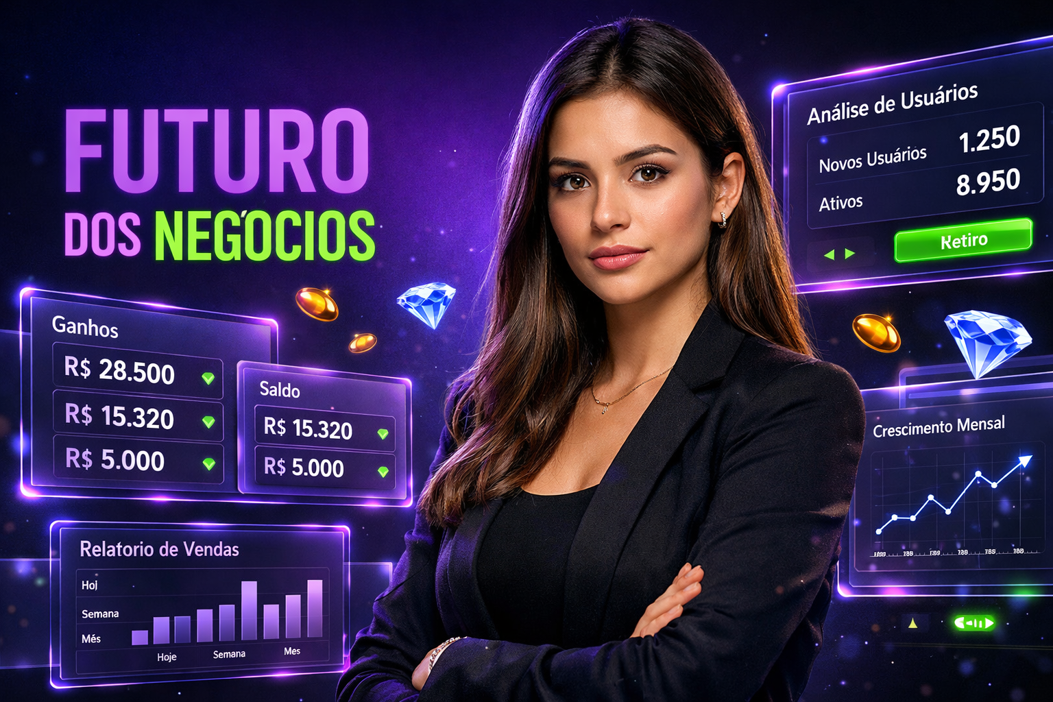 Imagem premium de uma empreendedora brasileira analisando sistema de relatórios Chamet em interface futurista, ilustrando passo a passo para expansão de uma chamet agency.