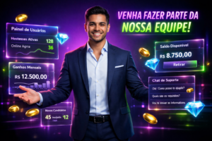 Imagem ultra-realista de um jovem empreendedor brasileiro em um escritório tecnológico escuro e futurista, com painéis holográficos brilhantes em português exibindo dashboards, gráficos de recrutamento e ícones premium de beans e diamantes, destacando estratégias profissionais para marca pessoal em chamet agency.