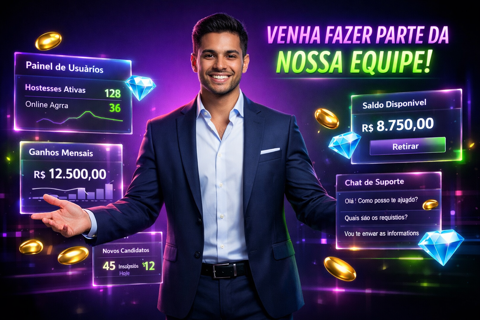 Imagem ultra-realista de um jovem empreendedor brasileiro em um escritório tecnológico escuro e futurista, com painéis holográficos brilhantes em português exibindo dashboards, gráficos de recrutamento e ícones premium de beans e diamantes, destacando estratégias profissionais para marca pessoal em chamet agency.