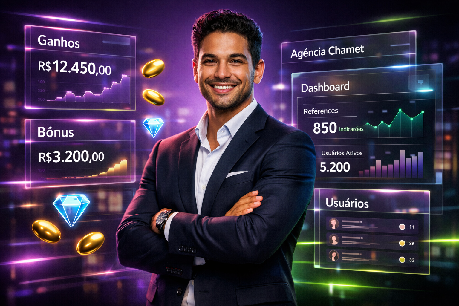 Imagem profissional mostrando empreendedor brasileiro com interfaces futuristas, ilustrando como maximizar bônus usando o sistema de indicação Chamet em uma chamet agency.