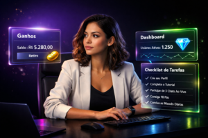 Imagem futurista de empresária brasileira com painéis holográficos exibindo checklist onboarding e tarefas iniciais da chamet agency