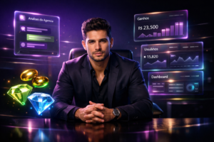 Imagem de um empreendedor brasileiro em ambiente futurista, com interfaces holográficas sobre comunicação agente Chamet; chamet agency destacada em um guia premium.