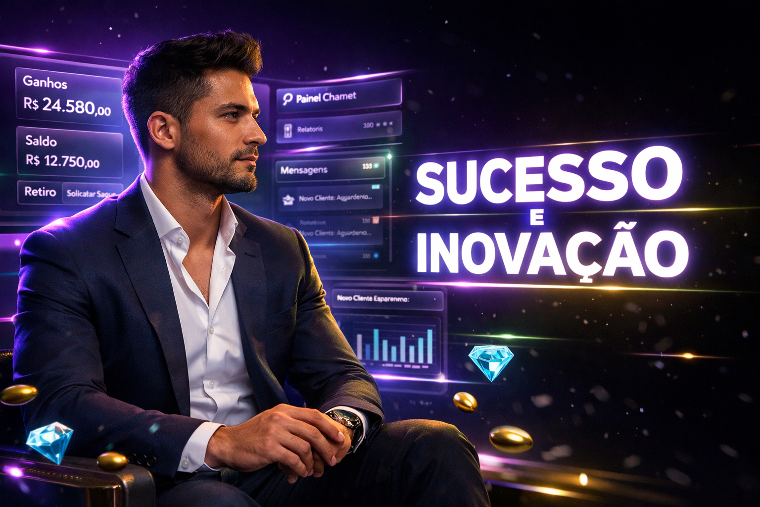 Retrato ultra-realista de empreendedor brasileiro em cenário futurista de agência chamet, com dashboards de ganhos e painéis de equipe para artigo de blog sobre estratégias de escalar receita em chamet agency.