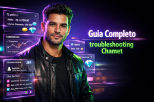 Guia de troubleshooting Chamet mostrando soluções práticas para problemas comuns em chamet agency, com um jovem empreendedor brasileiro em ambiente futurista.