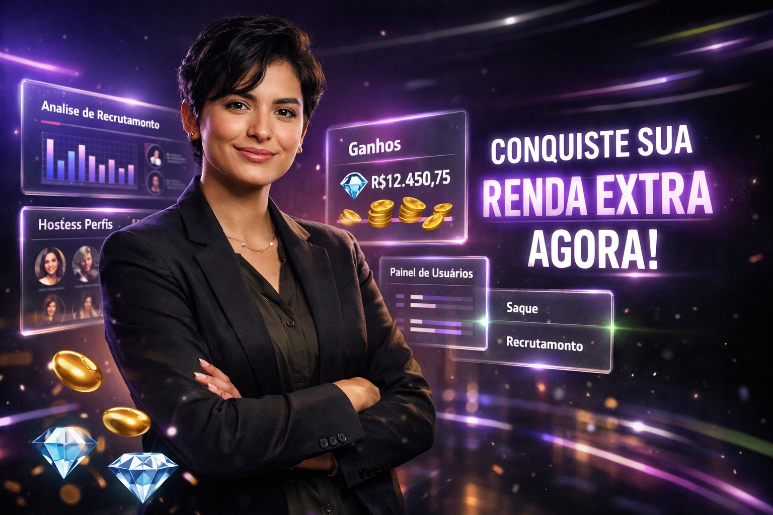 Imagem premium sobre estratégias de recrutamento na chamet agency para hostesses na Colômbia em um ambiente tecnológico moderno.